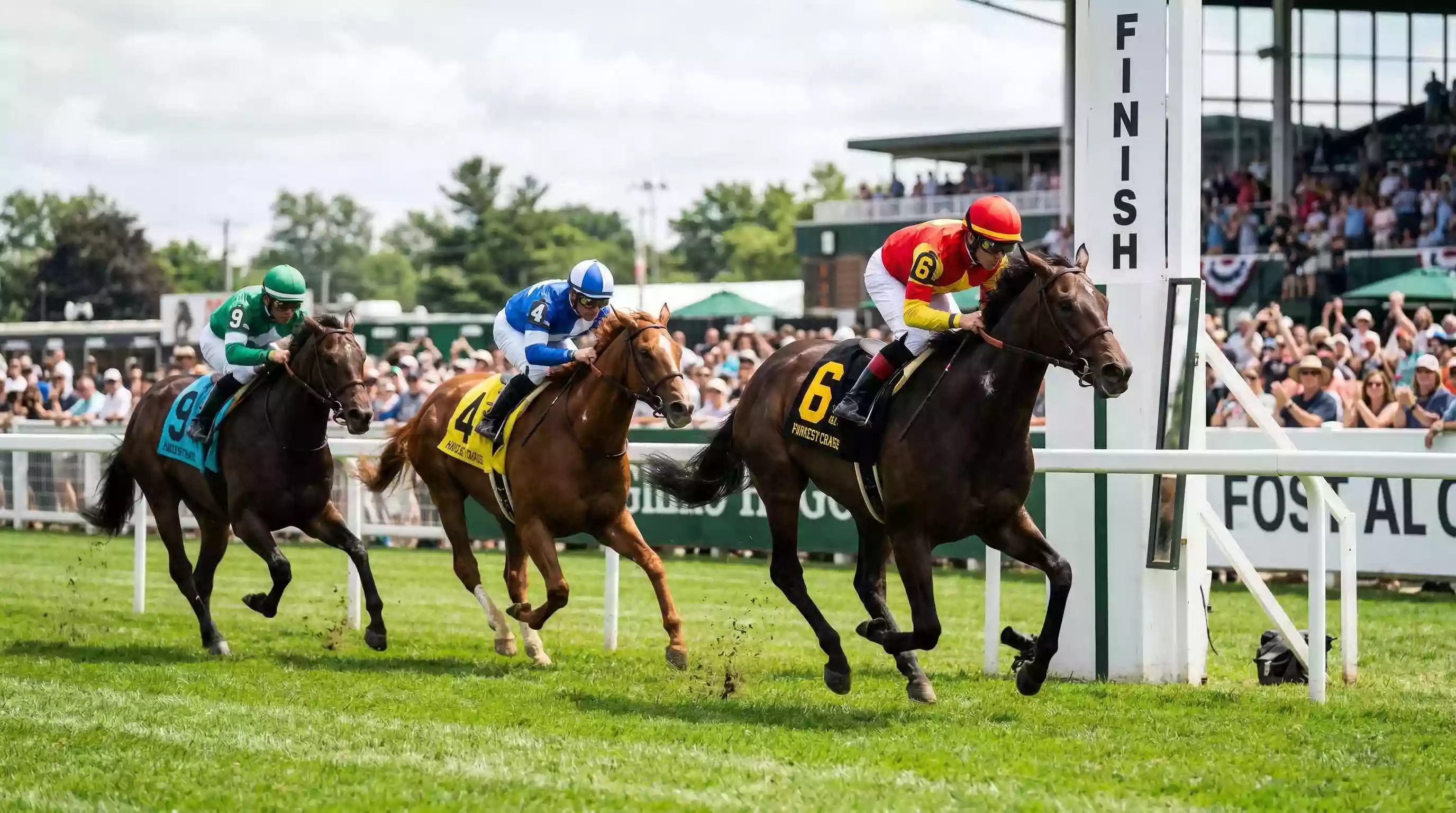 Each Way Wette – Pferde im Zieleinlauf mit Platzierungsnummern