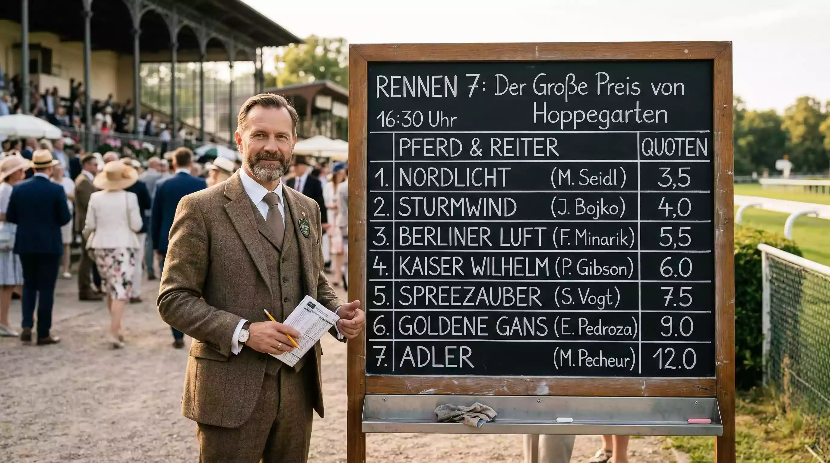 Festquoten Pferdewetten – Buchmacher-Angestellter vor Quotentafel auf der Rennbahn