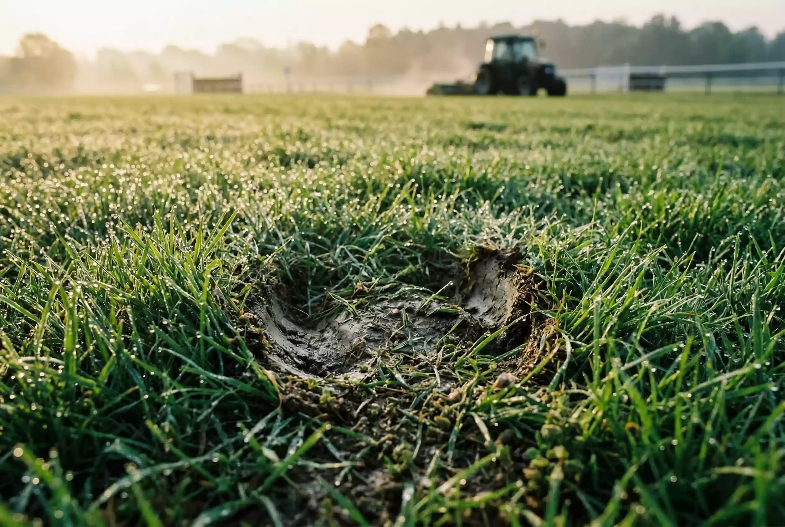 Going Pferderennen – Nahaufnahme des Rasens einer Galopprennbahn bei unterschiedlichem Wetter