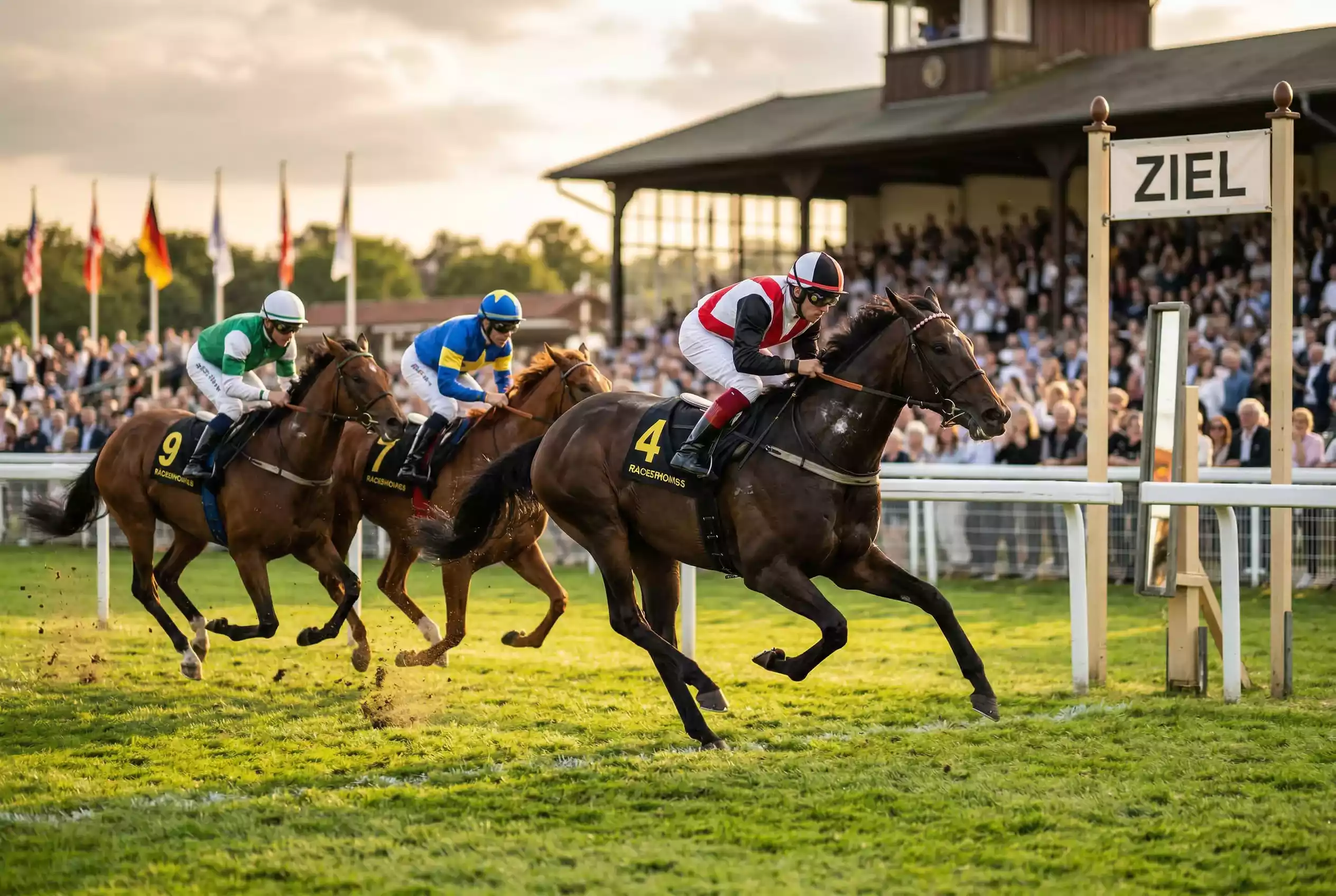 Galopprennen auf deutscher Rennbahn mit Vollblütern im spannenden Zieleinlauf