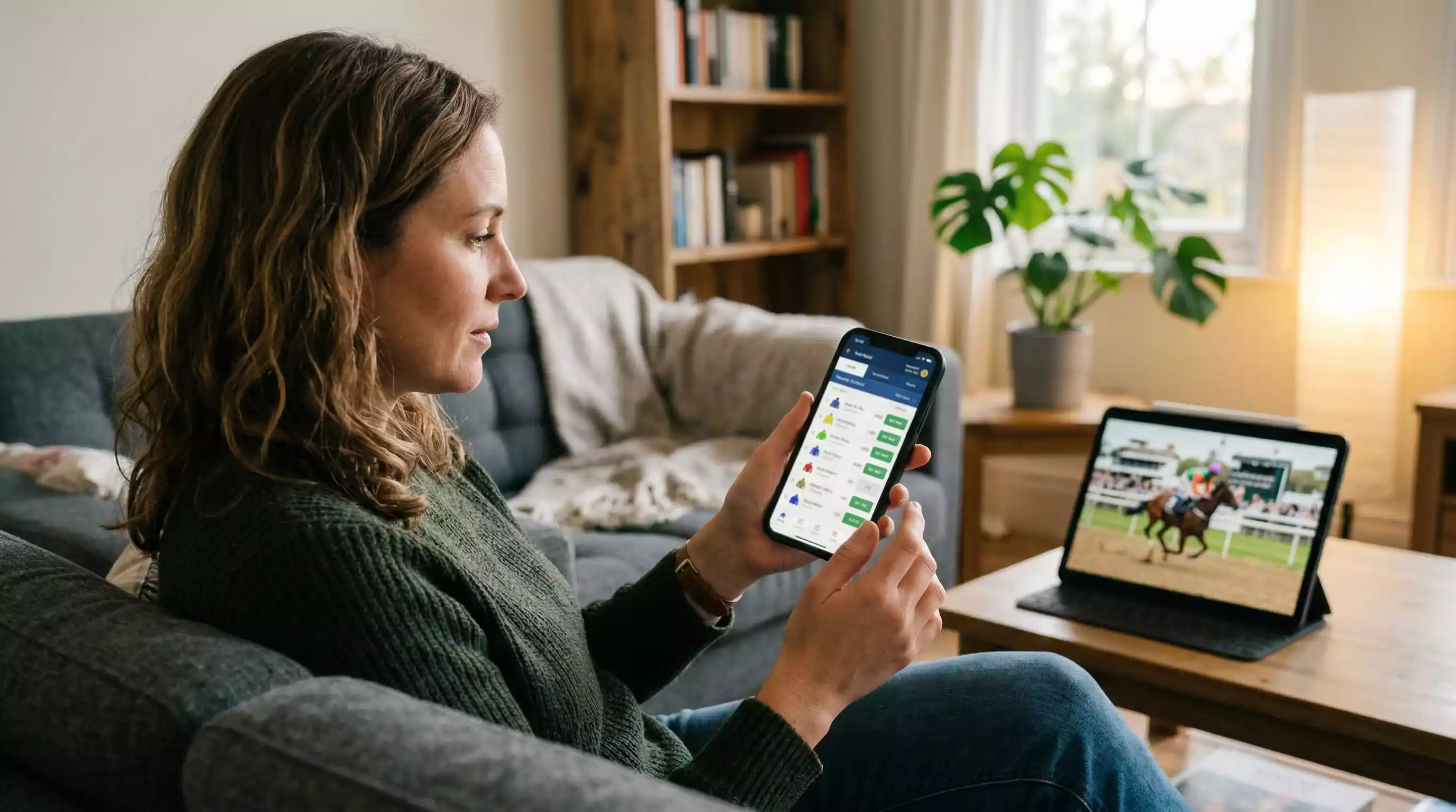 Pferdewetten App – Person wettet mobil auf Pferderennen am Smartphone