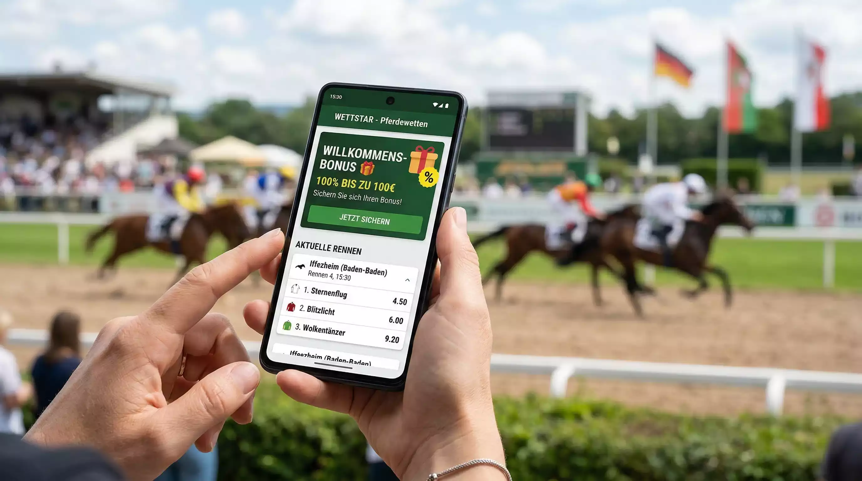 Pferdewetten Bonus – Wettschein mit Bonussymbol auf einem Smartphone
