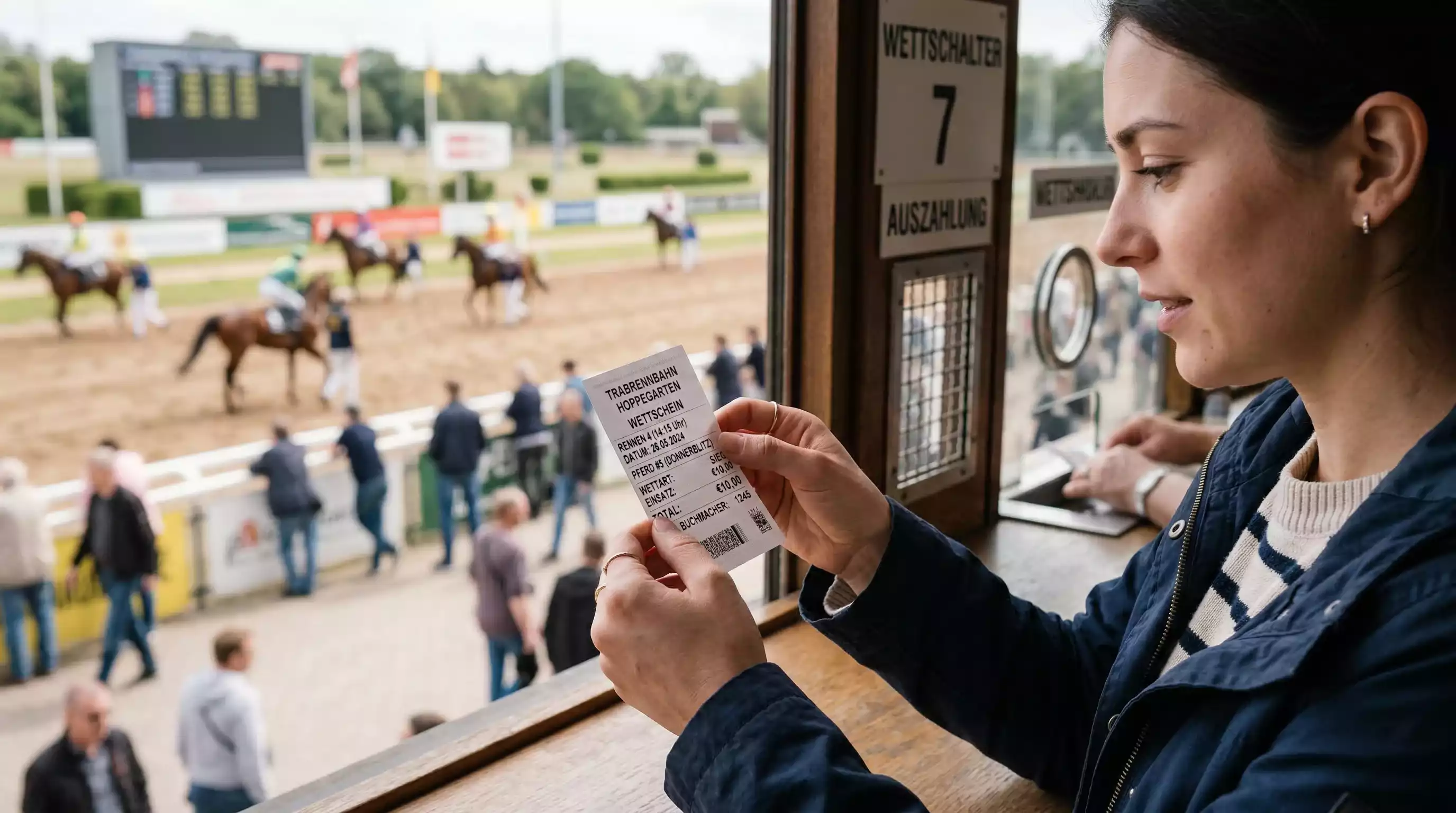 Pferdewetten für Anfänger – Einsteiger vor einem Rennen mit Wettschein in der Hand