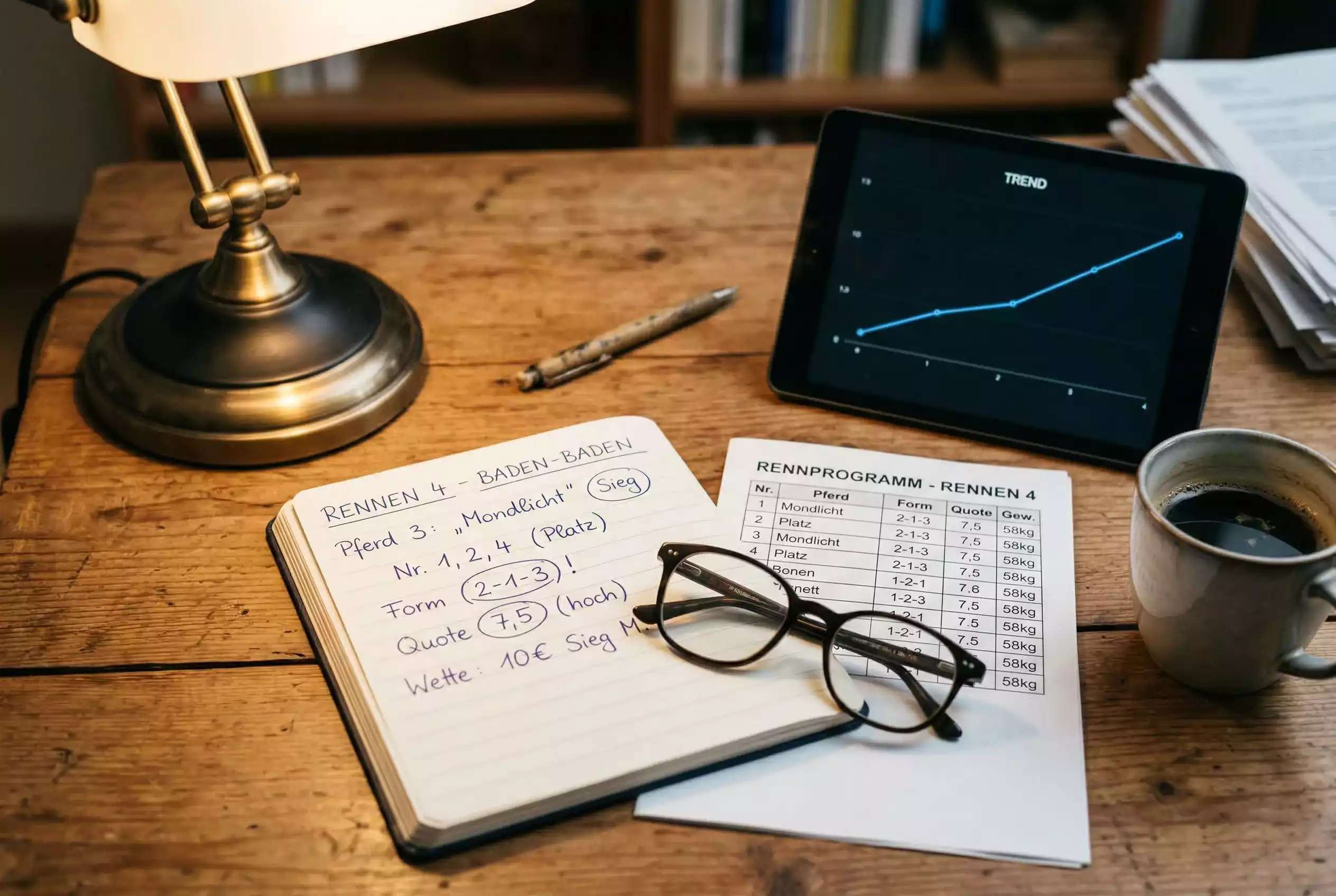 Formanalyse und Strategieplanung für Pferdewetten mit Notizen und Rennprogramm