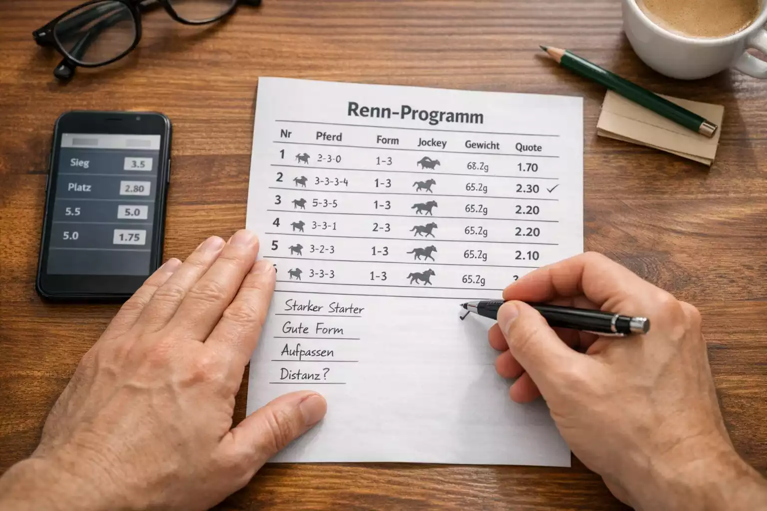 Wettschein mit Quoten und Formanalyse für Pferdewetten in Deutschland