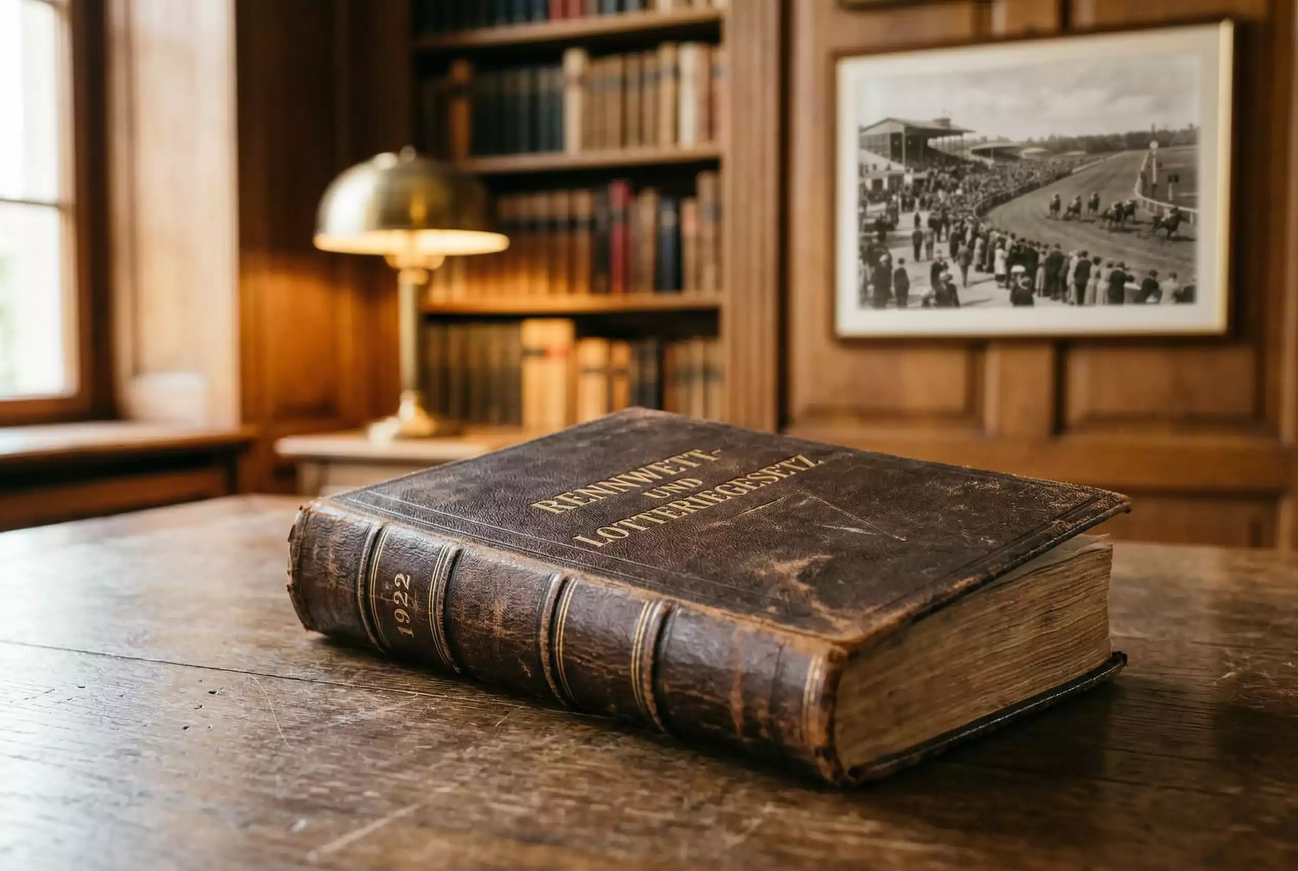 Rennwett- und Lotteriegesetz – Historisches Gesetzbuch mit Rennbahn im Hintergrund