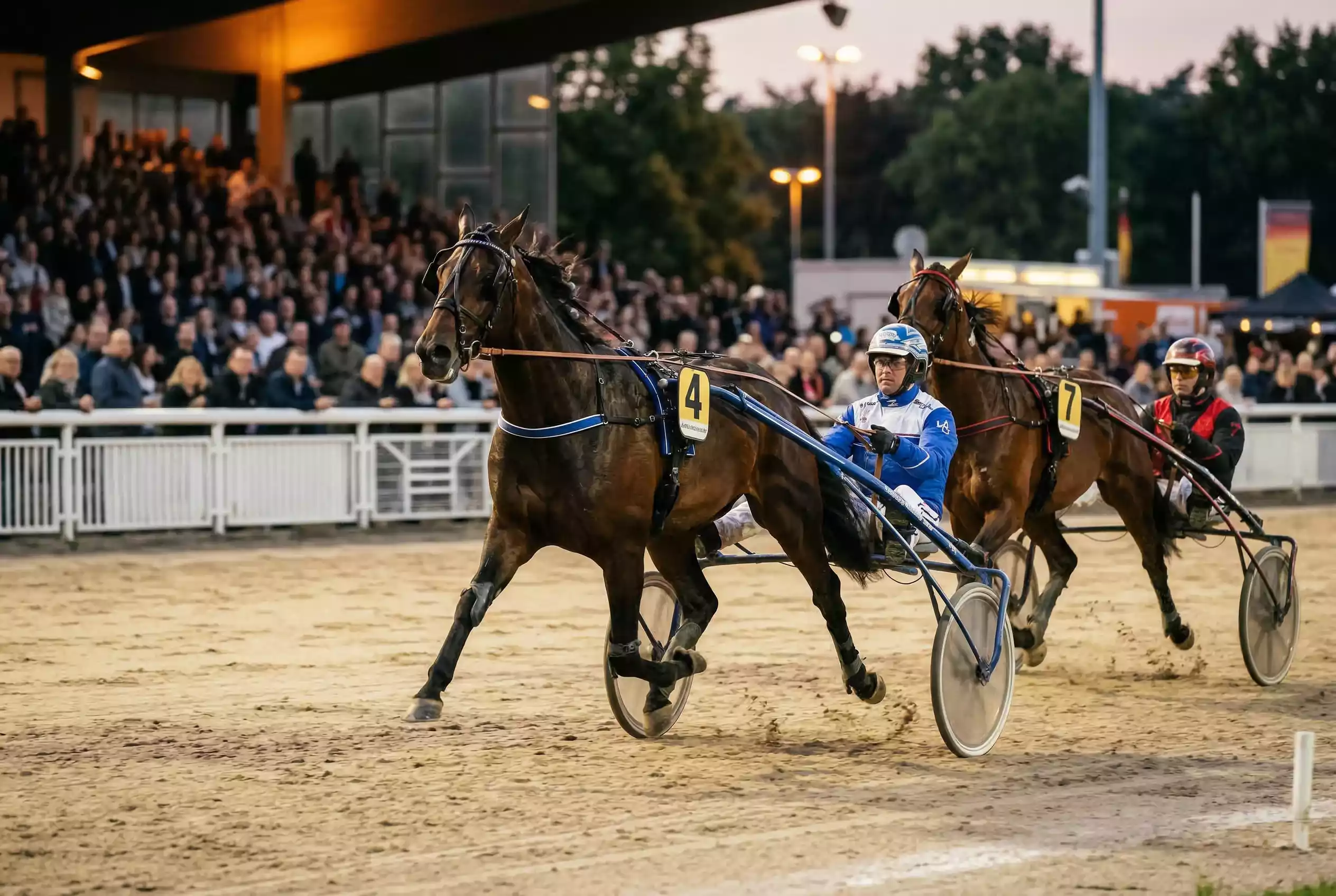 Trabrennen in Deutschland mit Sulkys auf der Sandbahn bei einem Nachtrennen