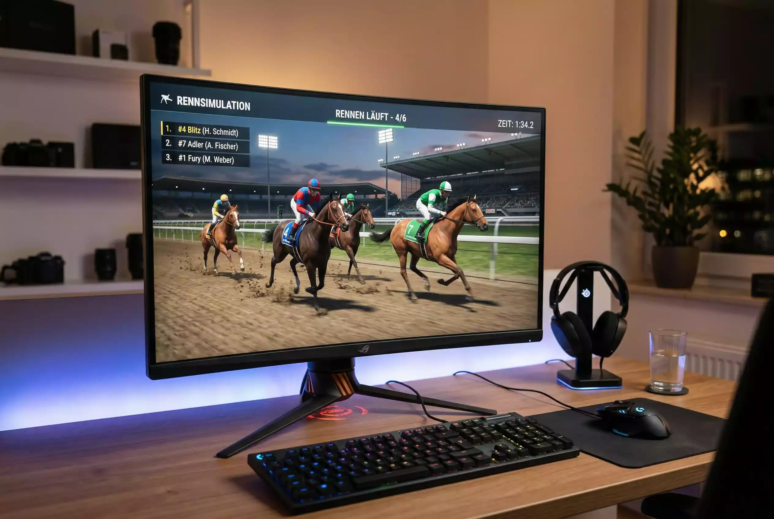 Virtuelle Pferdewetten – Computerbildschirm mit digitalem Pferderennen